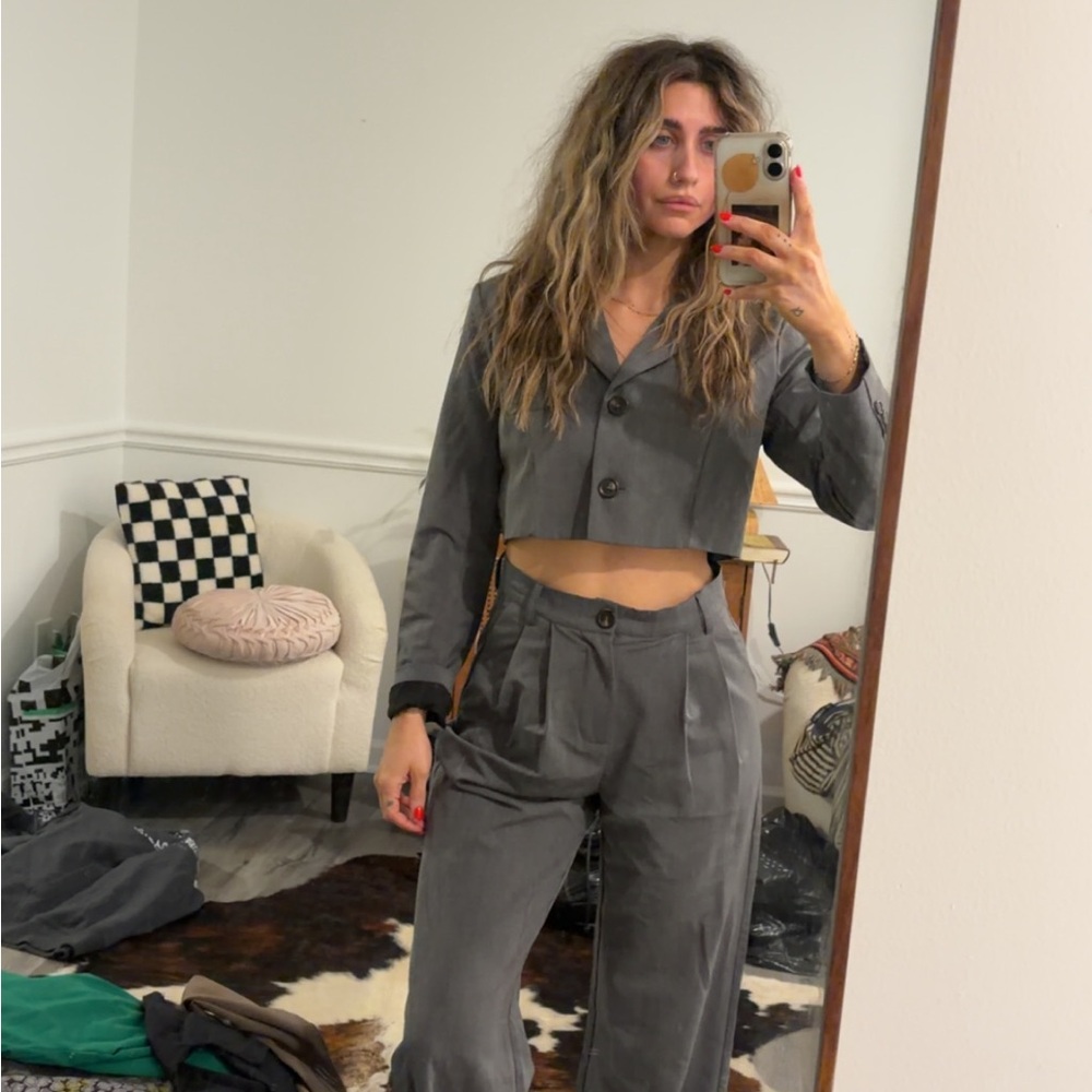 Gray Women's Cropped Blazer and Pants Set